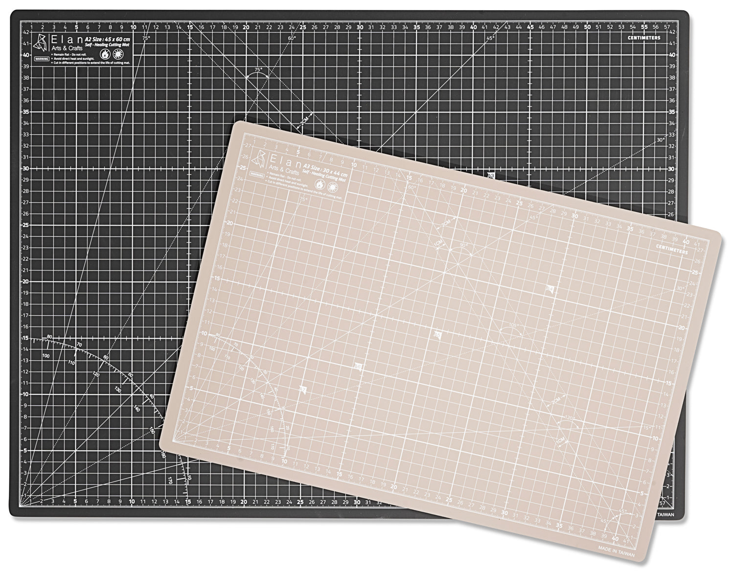 Both the front and back view of the cutting mat. The back is brown and in A3 size. The front side is black and in A2 size.